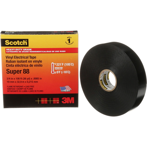 Ruban isolant Super 88 de calibre professionnel Scotch, 19 mm (3/4") la x 32,9 m (108') lo, 8,5 mils, Noir NRZ Safety Inc.