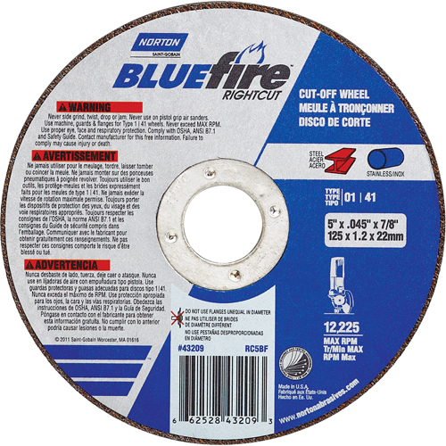 Meule a tronconner BlueFire, 4-1/2" x 0,045"/1/16", Arbre de 7/8", Type 01/41, Oxyde d'aluminium/Zirconium, 13580 Tr/min NRZ Safety Inc.
