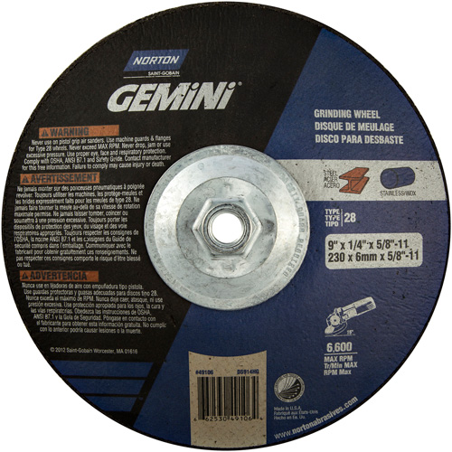 Gemini&reg; Saucer Wheel, 9" x 1/4", 5/8"-11 Arbor, Aluminum Oxide, Type 28 NRZ Safety Inc.
