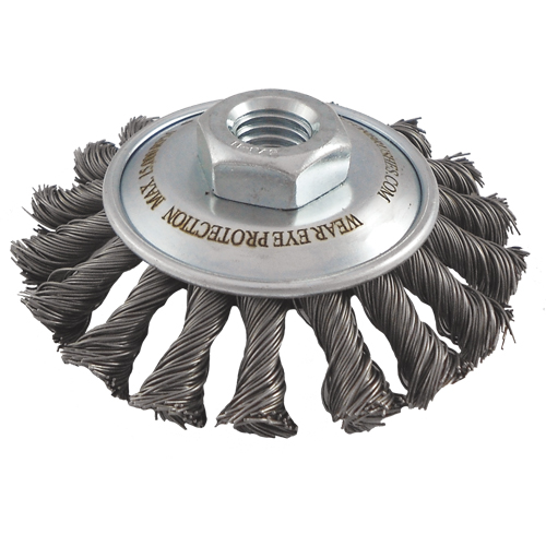 Knotted Wire Wheel Saucer Brushes, 4" Dia., 0.02" Fill, 5/8"-11 Arbor, Steel NRZ Safety Inc.