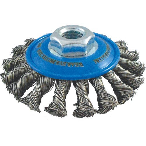 Knotted Wire Wheel Saucer Brushes, 5" Dia., 0.02" Fill, 5/8"-11 Arbor, Stainless Steel NRZ Safety Inc.
