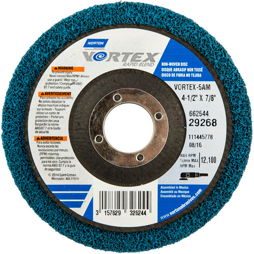 Vortex Non-Woven Disc, 4-1/2" Dia. x 1/2" W, 7/8" Arbor, Aluminum Oxide NRZ Safety Inc.