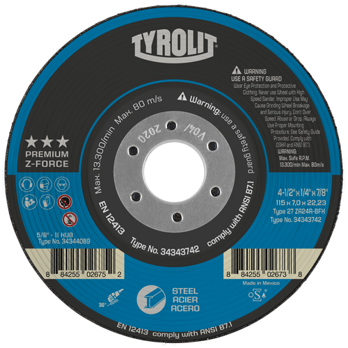 Z-Force Grinding Wheel, 4-1/2" x 1/4", 7/8" Arbor, Zirconium, Type 27 NRZ Safety Inc.
