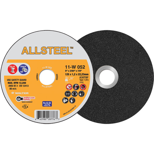 AllSteel Cut-Off Wheel, 5" x 3/64", 7/8" Arbor, Type 1, Aluminum Oxide, 12250 RPM NRZ Safety Inc.