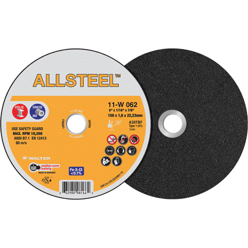 AllSteel Cut-Off Wheel, 6" x 1/16", 7/8" Arbor, Type 1, Aluminum Oxide, 10200 RPM NRZ Safety Inc.