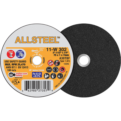 AllSteel Mini Cut-Off Wheel, 3" x 1/32", 1/4" Arbor, Type 1, Aluminum Oxide, 25470 RPM NRZ Safety Inc.