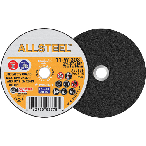 AllSteel Mini Cut-Off Wheel, 3" x 1/32", 3/8" Arbor, Type 1, Aluminum Oxide, 25470 RPM NRZ Safety Inc.