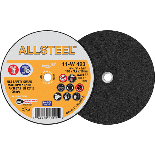 AllSteel Mini Cut-Off Wheel, 4" x 1/8", 3/8" Arbor, Type 1, Aluminum Oxide, 19100 RPM NRZ Safety Inc.