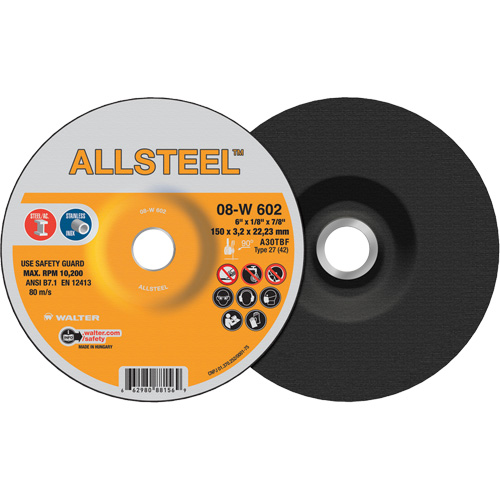 AllSteel Grinding Wheel, 6" x 1/8", 7/8" Arbor, Aluminum Oxide, Type 27 NRZ Safety Inc.