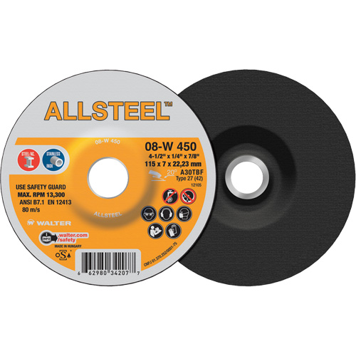 AllSteel Grinding Wheel, 4-1/2" x 1/4", 7/8" Arbor, Aluminum Oxide, Type 27 NRZ Safety Inc.