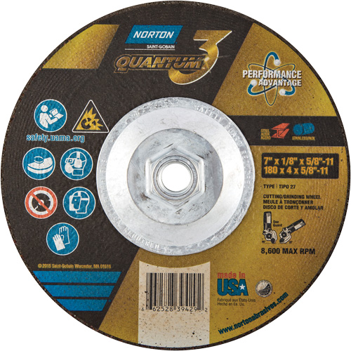 Quantum3 Grinding & Cutting Wheel, 7" x 1/8", 5/8"-11 Arbor, Type 27, 24 Grit, Ceramic Alumina NRZ Safety Inc.