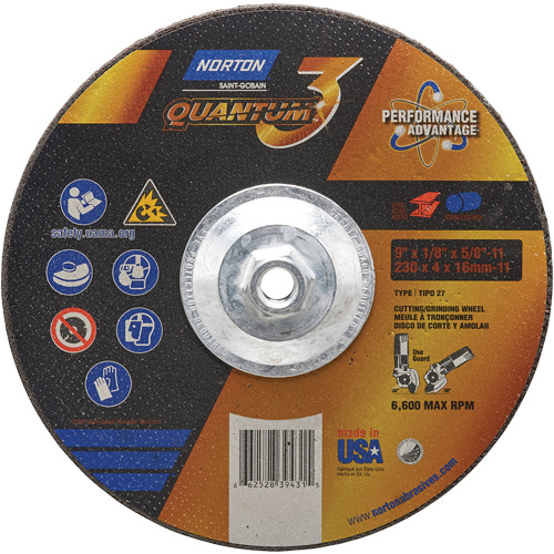 Quantum3 Grinding & Cutting Wheel, 9" x 1/8", 5/8"-11 Arbor, Type 27, 24 Grit, Ceramic Alumina NRZ Safety Inc.