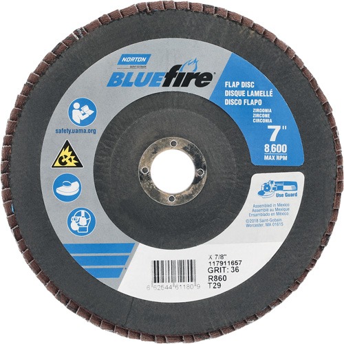 BlueFire&reg; R884P/R884V/R860 Center Mount Fiberglass Conical Flap Disc, 7" x 7/8", Type 29, P36 Grit, Zirconia Alumina NRZ Safety Inc.