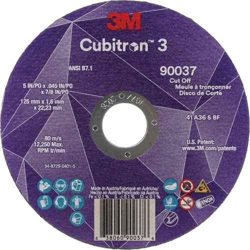 Cubitron 3 Cut-Off Wheel, 5" x 0.045", 7/8" Arbor, Type 1, Ceramic, 12250 RPM NRZ Safety Inc.