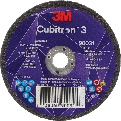 Cubitron 3 Cut-Off Wheel, 3" x 0.035", 3/8" Arbor, Type T1, Ceramic, 21000 RPM NRZ Safety Inc.