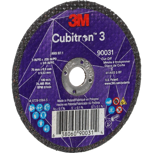 Cubitron 3 Cut-Off Wheel, 3" x 0.035", 3/8" Arbor, Type T1, Ceramic, 21000 RPM NRZ Safety Inc.