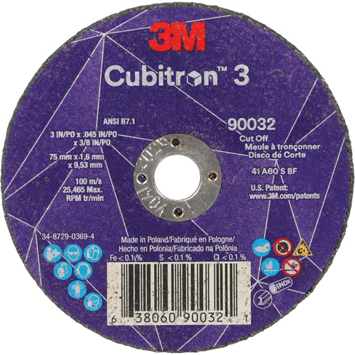 Cubitron 3 Cut-Off Wheel, 3" x 0.045", 3/8" Arbor, Type T1, Ceramic, 21000 RPM NRZ Safety Inc.