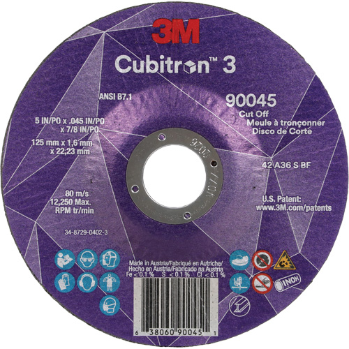 Cubitron 3 Cut-Off Wheel, 5" x 0.045", 7/8" Arbor, Type T27, Ceramic, 12250 RPM NRZ Safety Inc.