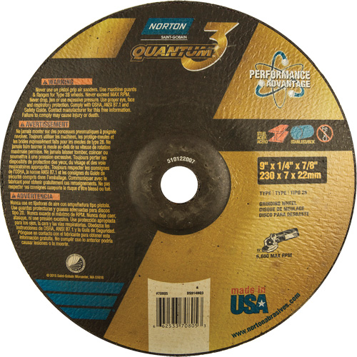 Meule &agrave; moyeu d&eacute;port&eacute; Quantum 3 SG, 9" x 1/4", Arbre de 7/8", Type 28, C&eacute;ramique, 6600 Tr/min NRZ Safety Inc.