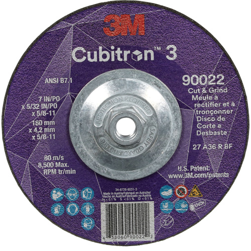 Meule &agrave; rectifier et &agrave; tronçonner Cubitron 3, 7" x 5/32", Arbre de 5/8"-11, Type 27, Grain de 36, C&eacute;ramique NRZ Safety Inc.