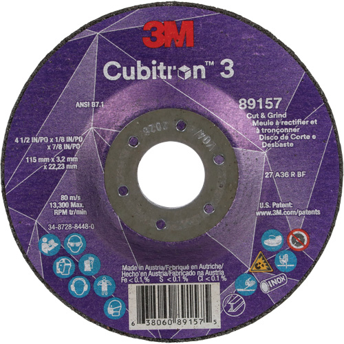 Cubitron 3 Cut and Grind Wheel, 4-1/2" x 1/8", 7/8" Arbor, Type 27, 36 Grit, Ceramic NRZ Safety Inc.