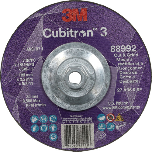 Meule &agrave; rectifier et &agrave; tronçonner Cubitron 3, 7" x 1/8", Arbre de 5/8"-11, Type 27, Grain de 36, C&eacute;ramique NRZ Safety Inc.