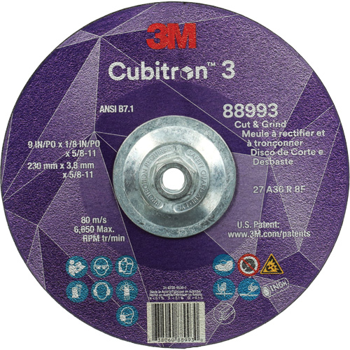 Cubitron 3 Cut and Grind Wheel, 9" x 1/8", 5/8"-11 Arbor, Type 27, 36 Grit, Ceramic NRZ Safety Inc.