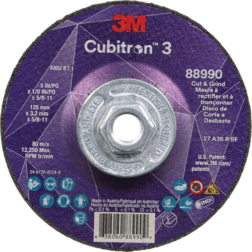 Meule &agrave; rectifier et &agrave; tronçonner Cubitron 3, 5" x 1/8", Arbre de 5/8"-11, Type 27, Grain de 36, C&eacute;ramique NRZ Safety Inc.
