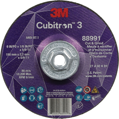 Cubitron 3 Cut and Grind Wheel, 6" x 1/8", 5/8"-11 Arbor, Type 27, 36 Grit, Ceramic NRZ Safety Inc.