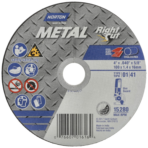 Meule &agrave; tronçonner m&eacute;tallique pour coupe &agrave; angle droit RightCut, 4-1/2" x 0,04", Arbre de 7/8", Type 01/41, Oxyde d'aluminium, 13580 Tr/min NRZ Safety Inc.