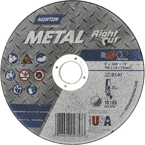 Meule &agrave; tronçonner m&eacute;tallique pour coupe &agrave; angle droit RightCut, 6" x 0,04", Arbre de 7/8", Type 01/41, Oxyde d'aluminium, 10185 Tr/min NRZ Safety Inc.
