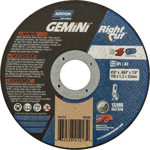 Meule &agrave; tronçonner pour coupe &agrave; angle droit RightCut Gemini, 4-1/2" x 0,045", Arbre de 7/8", Type 01/41, Oxyde d'aluminium, 13580 Tr/min NRZ Safety Inc.