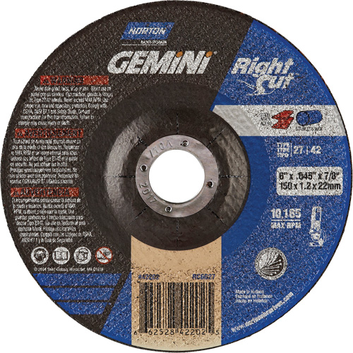 Gemini RightCut Right Angle Cut-Off Wheel, 6" x 0.045", 7/8" Arbor, Type 27/42, Aluminum Oxide, 10185 RPM NRZ Safety Inc.