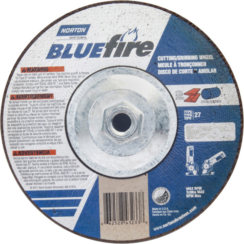 Disque de meulage et tronçonnage BlueFire, 7" x 1/8", Arbre de 5/8"-11, Type 27, Alumine de zirconium NRZ Safety Inc.
