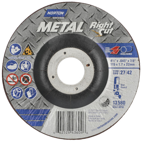 Metal RightCut Right Angle Cut-Off Wheel, 4-1/2" x 0.045", 7/8" Arbor, Type 27, Aluminum Oxide, 13580 RPM NRZ Safety Inc.