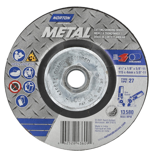 Disque de meulage et tronçonnage m&eacute;tallique, 4-1/2" x 1/8", Arbre de 5/8"-11, Type 27, Oxyde d'aluminium NRZ Safety Inc.