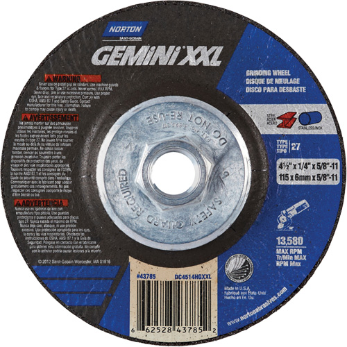 Meule XXL Gemini, 4-1/2" x 1/4", Arbre 5/8"-11, Oxyde d'aluminium, Type 27 NRZ Safety Inc.