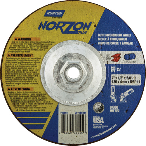 Disque de meulage et tronçonnage NorZon Plus SGZ, 7" x 1/8", Arbre de 5/8"-11, Type 27, C&eacute;ramique d'alumine NRZ Safety Inc.