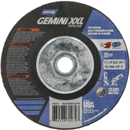 Disque combin&eacute; de meulage et tronçonnage Gemini XXL, 4-1/2" x 1/8", Arbre de 5/8"-11, Type 27, Oxyde d'aluminium NRZ Safety Inc.