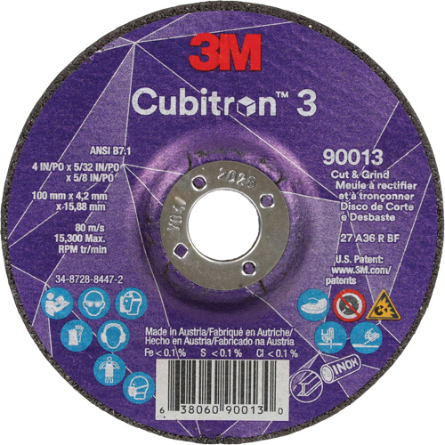 Cubitron 3 Cut & Grind Wheel, 4" x 39/250", 5/8" Arbor, Type 27, 36 Grit, Ceramic NRZ Safety Inc.