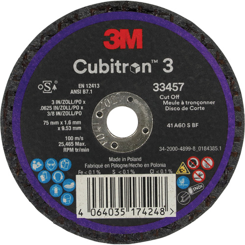 Cubitron 3 Cut-Off Wheel, 3" x 0.063", 3/8" Arbor, Ceramic NRZ Safety Inc.