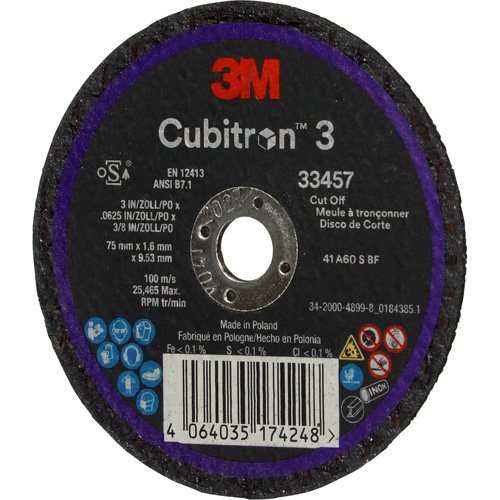 Cubitron 3 Cut-Off Wheel, 3" x 0.063", 3/8" Arbor, Ceramic NRZ Safety Inc.