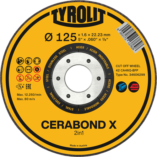 CERABOND X Cut-Off Wheel for Steel & Stainless Steel, 5" x 0.6", 7/8" Arbor, Type 27, Ceramic, 12250 RPM NRZ Safety Inc.
