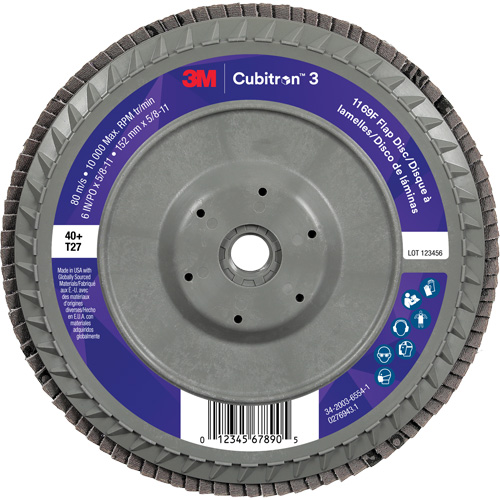 Cubitron 3 Flat Flap Disc with Quick Change 1169F, 6" x 5/8"-11, Type T27, 40+ Grit, Ceramic NRZ Safety Inc.