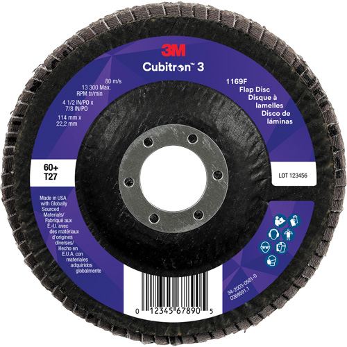 Cubitron 3 Flat Flap Disc 1169F, 4-1/2" x 7/8", Type T27, 60+ Grit, Ceramic NRZ Safety Inc.