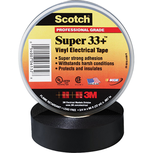 Scotch&reg; Super 33 Tape, 19 mm (3/4") x 20.1 m (66'), Black, 7 mils NRZ Safety Inc.