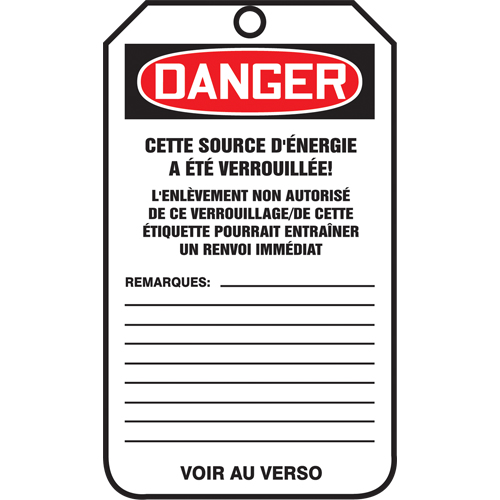 &eacute;tiquettes de s&eacute;curit&eacute; - Verrouillage, Papier cartonn&eacute;, 3-1/8" la x 5-7/8" h, Français NRZ Safety Inc.