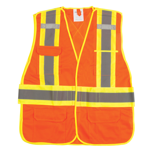 Veste d'arpenteur haute visibilit&eacute;, conforme &agrave; la CSA, Orange haute visibilit&eacute;, Grand, Polyester NRZ Safety Inc.