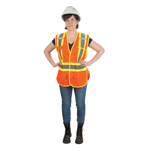 Veste d'arpenteur haute visibilit&eacute;, conforme &agrave; la CSA, Orange haute visibilit&eacute;, Grand, Polyester NRZ Safety Inc.