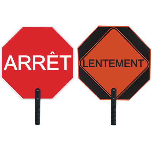 Double-Sided "Arr&ecirc;t/Lentement" Traffic Control Sign, 18" x 18", Aluminum, French with Pictogram NRZ Safety Inc.